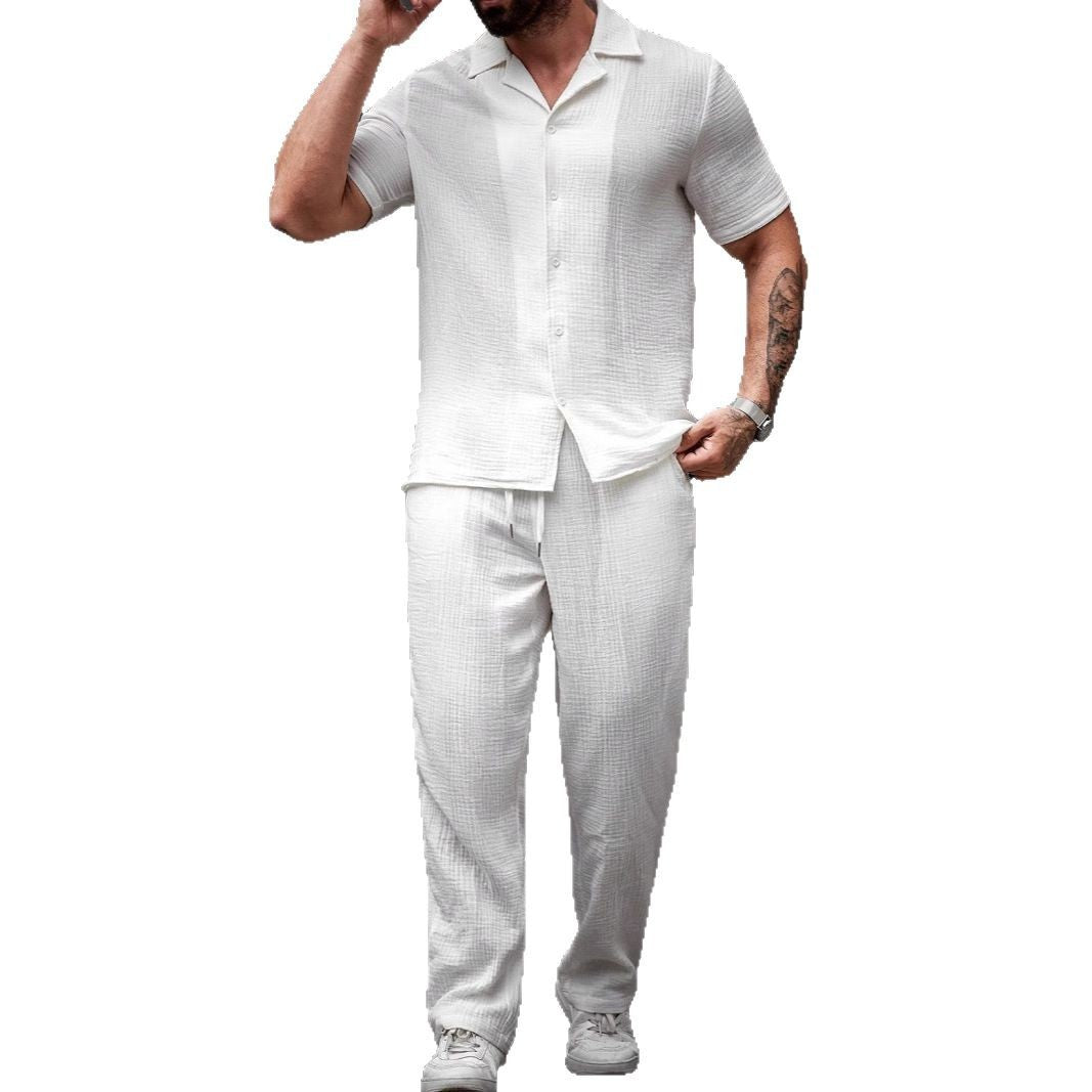 Men's Polo Collar Solid Color Short Sleeve Shirt & Trousers Set