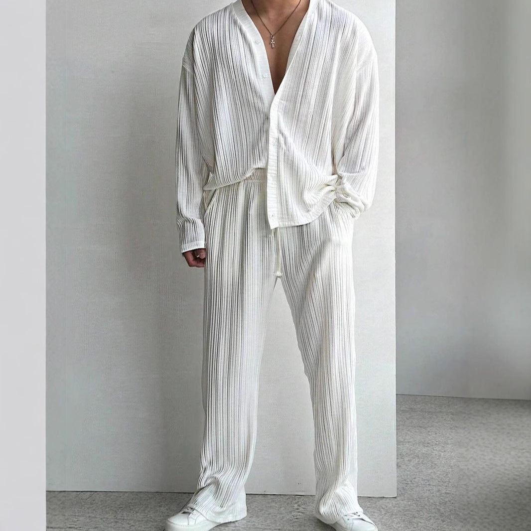 Men's Casual Button Shirt & Long Sleeve Trousers Suit
