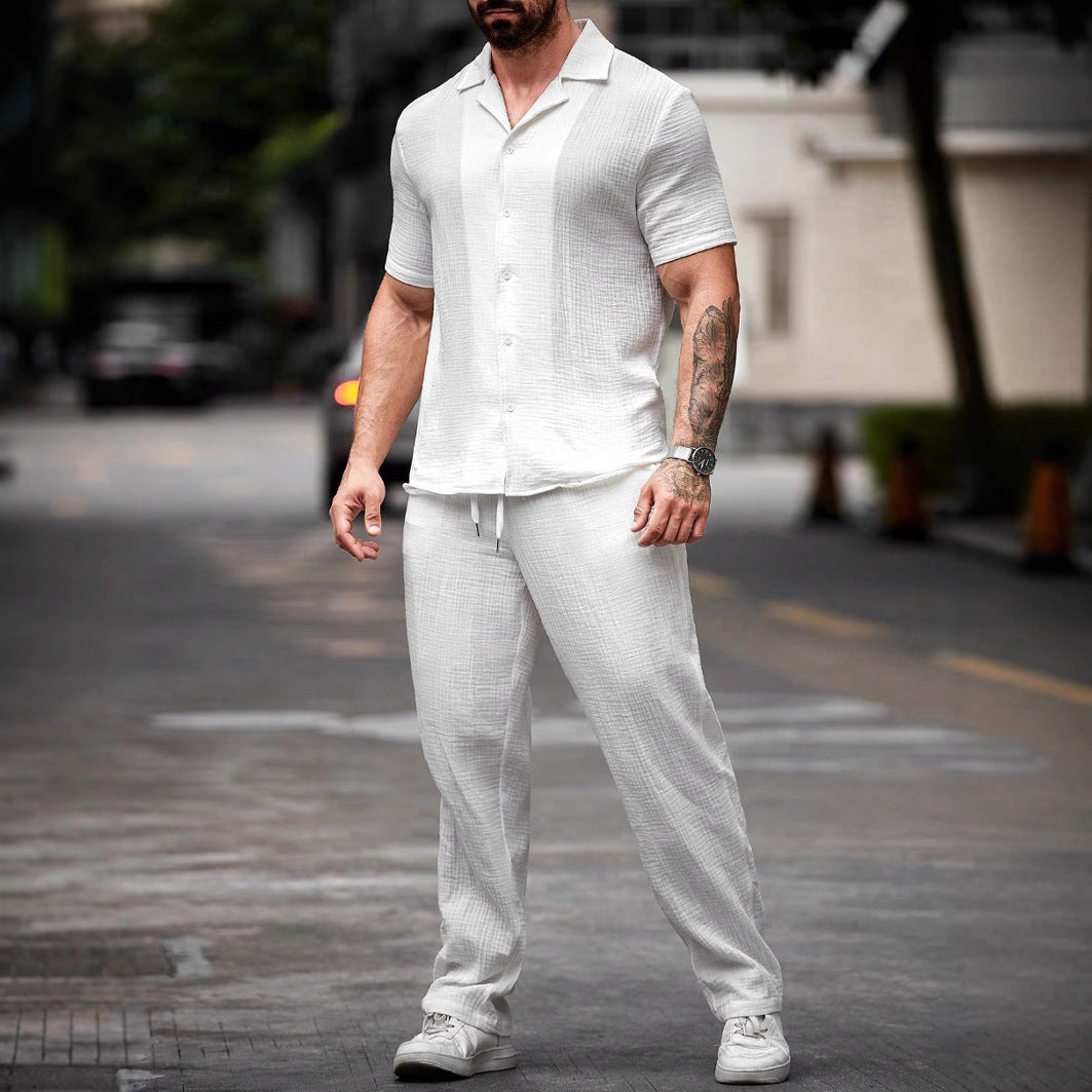Men's Polo Collar Solid Color Short Sleeve Shirt & Trousers Set